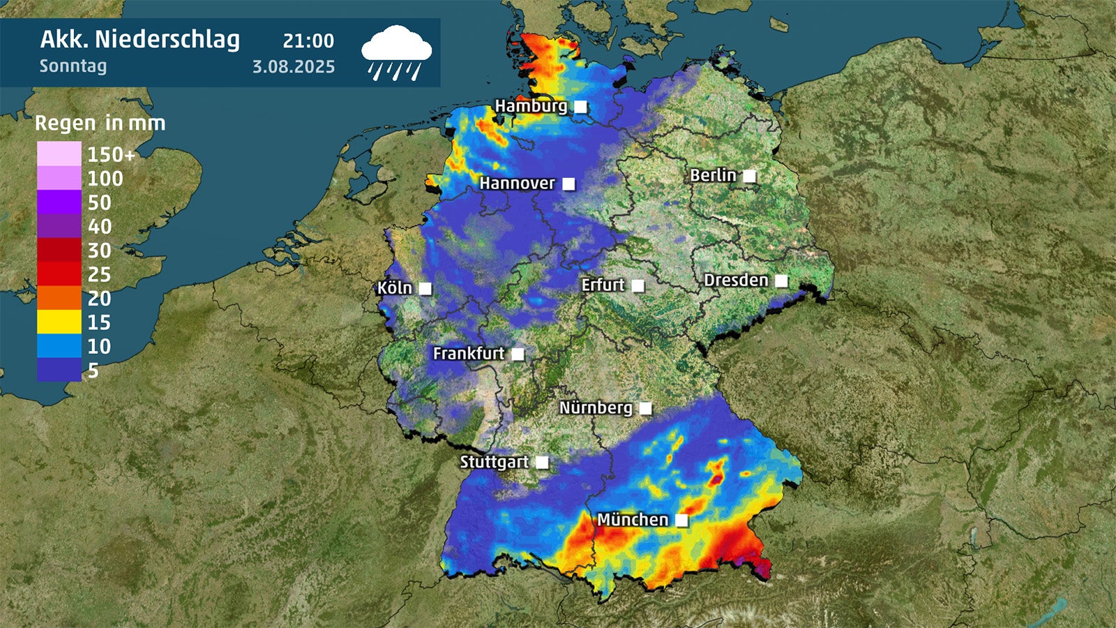 Karte zeigt Regensumme von Samstag bis Sonntag an. 