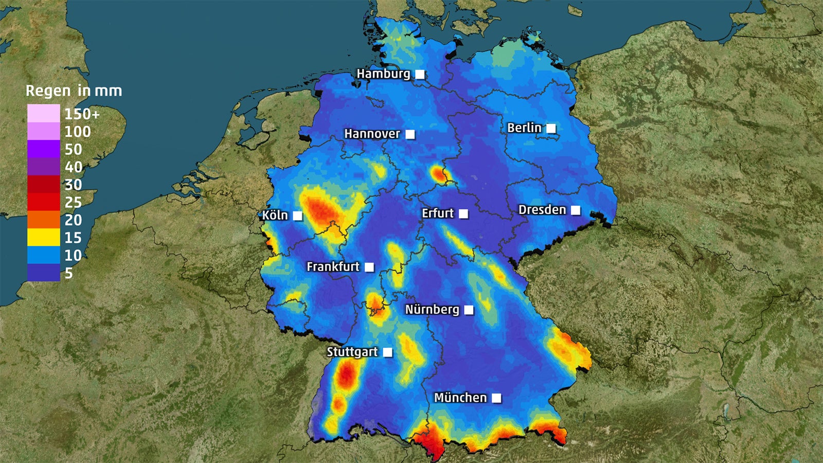 Bild zeigt den akkumulierten Niederschlag von Samstag, 6 Uhr, bis Sonntag, 23 Uhr