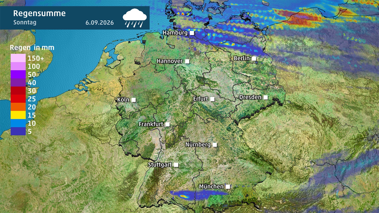 Infografik mit farbigen Fl&auml;chen und Linien zeigt die Regensumme in Deutschland f&uuml;r den 6. September 2026 mit Schwerpunkt im Norden und Nordosten