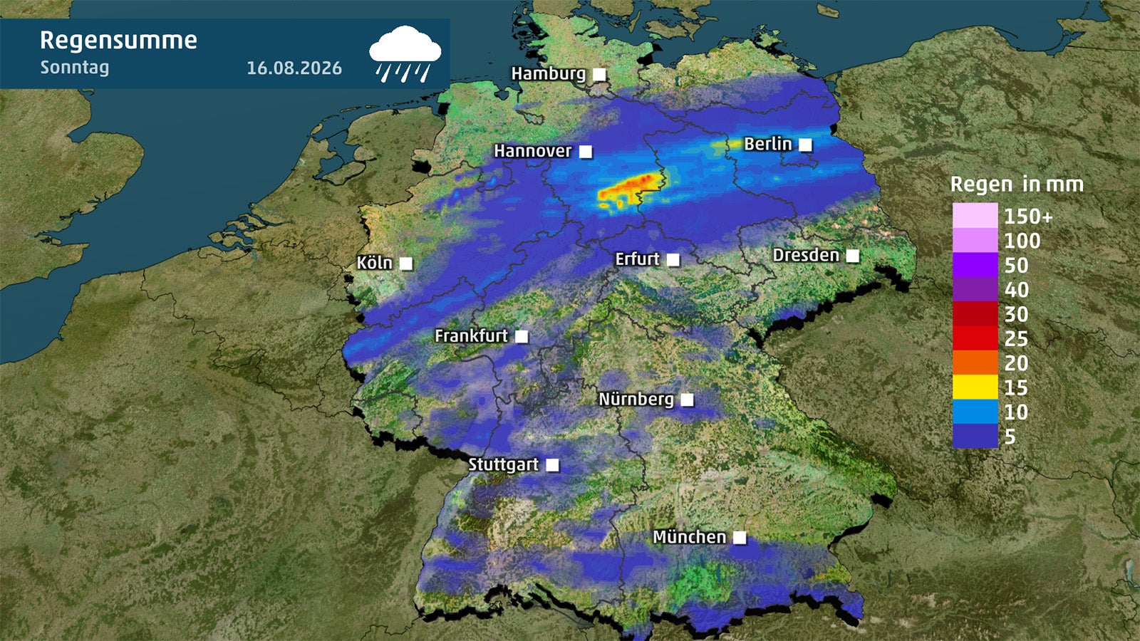 Infografik mit farbiger Deutschlandkarte und Regenmengen in Millimetern f&uuml;r ein Wochenende, mit auff&auml;lligen Niederschlagsbereichen im Norden und einer Legende rechts.