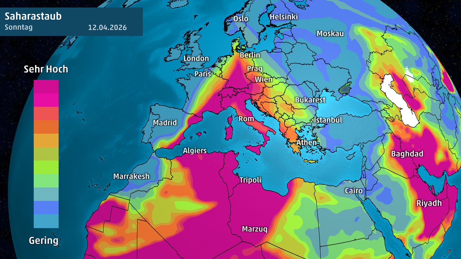 Infografik mit Farbfl&auml;chen zeigt die prognostizierte Konzentration von Saharastaub &uuml;ber Europa und Nordafrika f&uuml;r Sonntag, 12.04.2026, mit einer Skala von "Gering" bis "Sehr Hoch".
