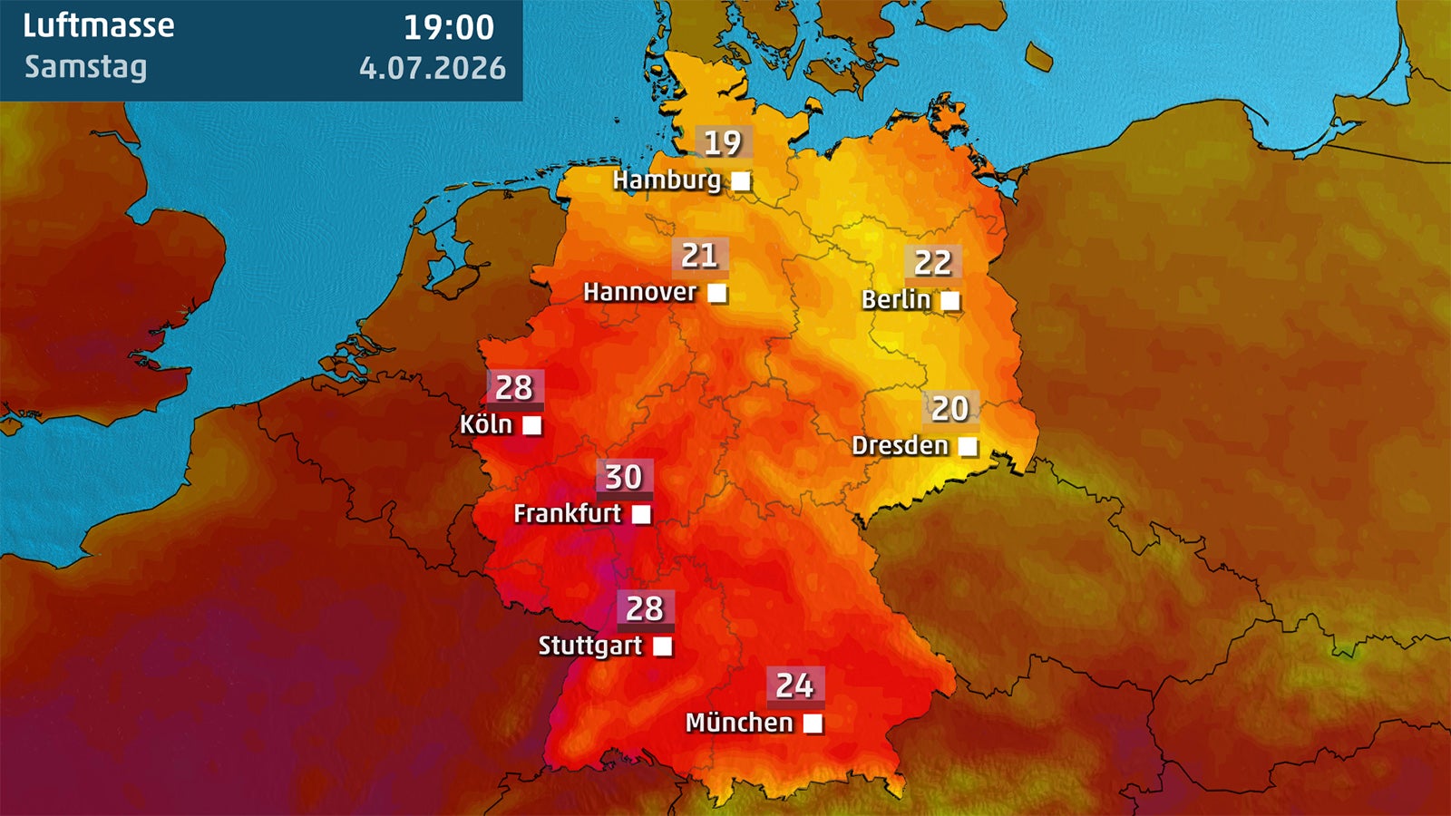 Wetterkarte mit Temperaturwerten f&uuml;r deutsche St&auml;dte und farbiger Darstellung der Luftmassenverteilung am Samstagabend