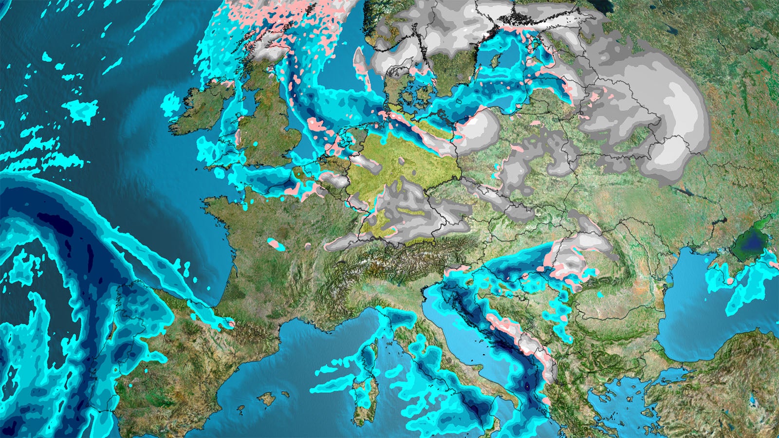 Wetterkarte von Europa zeigt Schauerstra&szlig;en, die am Freitag &uuml;ber Nord- und Ostsee ziehen.