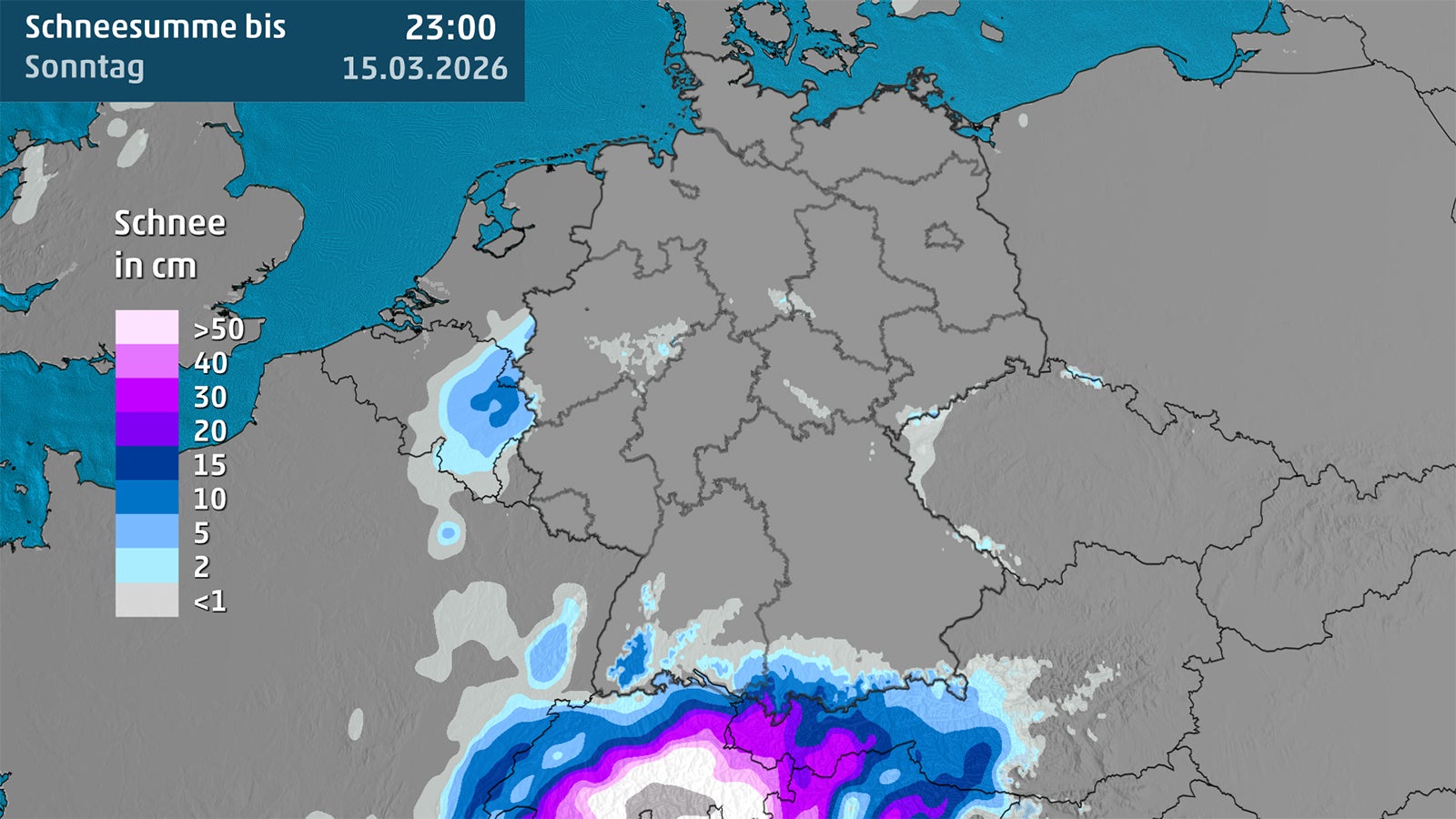 Karte von Deutschland zeigt Schneesumme am Wochenende in Deutschland.