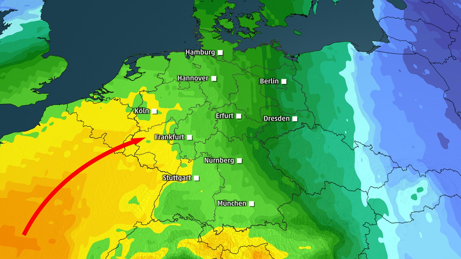 Wetterkarte von Deutschland mit farblich markierten Luftmassen: Gelb- und Oranget&ouml;ne im Westen zeigen warme Luft, w&auml;hrend Gr&uuml;n und Blau k&uuml;hlere Luft im Osten markieren. Ein roter Pfeil weist von S&uuml;dwesten nach Nordosten und zeigt das Vordringen warmer Luft bis in die Region um Frankfurt.