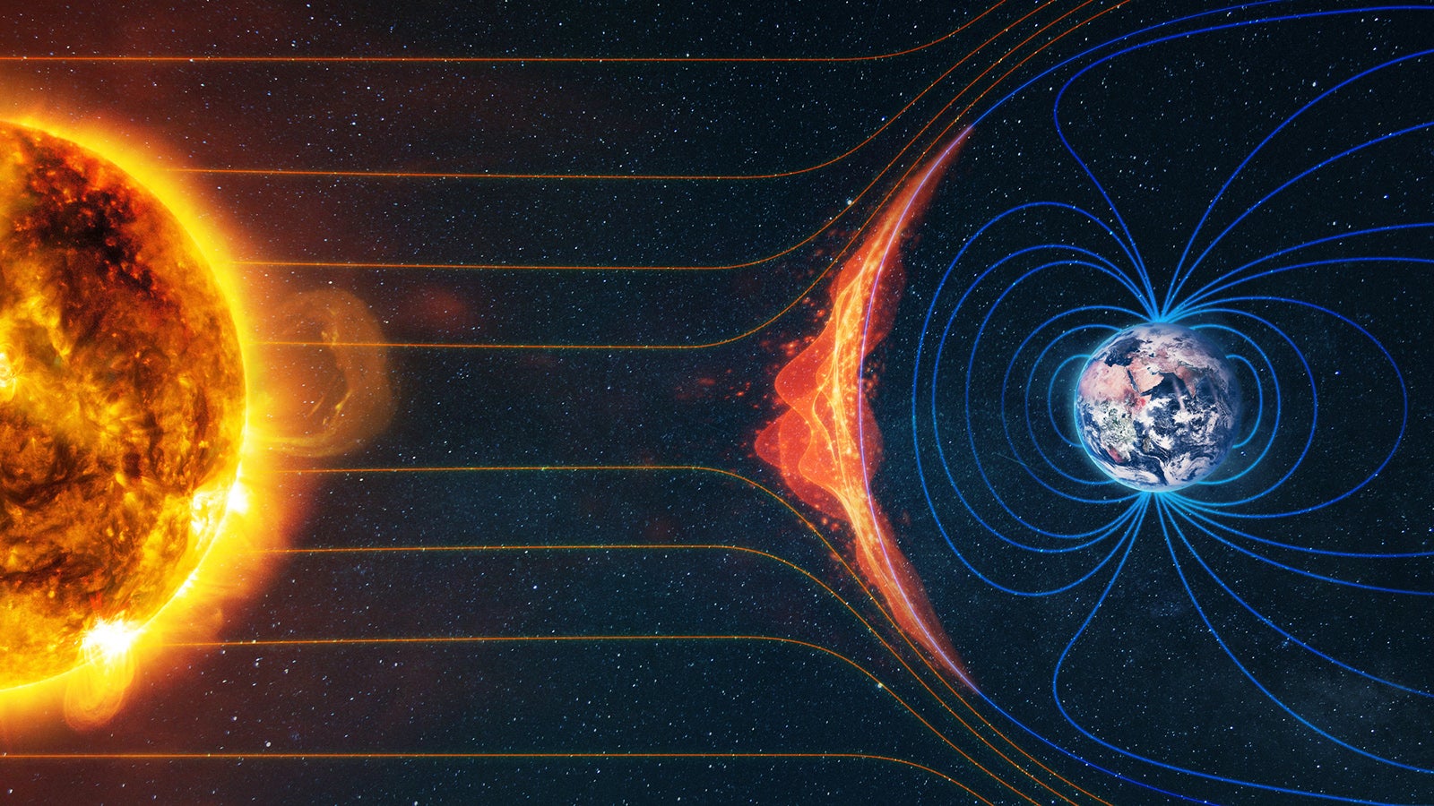 Grafik zeigt, wie ein Sonnensturm auf die Erdatmosph&auml;re trifft.