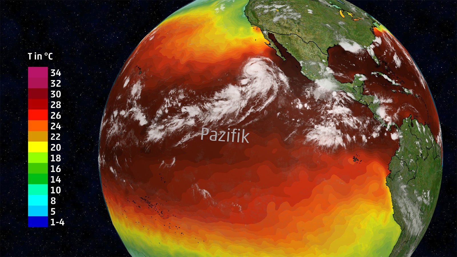 Satellitenbild des Pazifiks mit Temperaturverlauf in Farbskala und dem Schriftzug 'Pazifik' &uuml;ber dem Ozean.