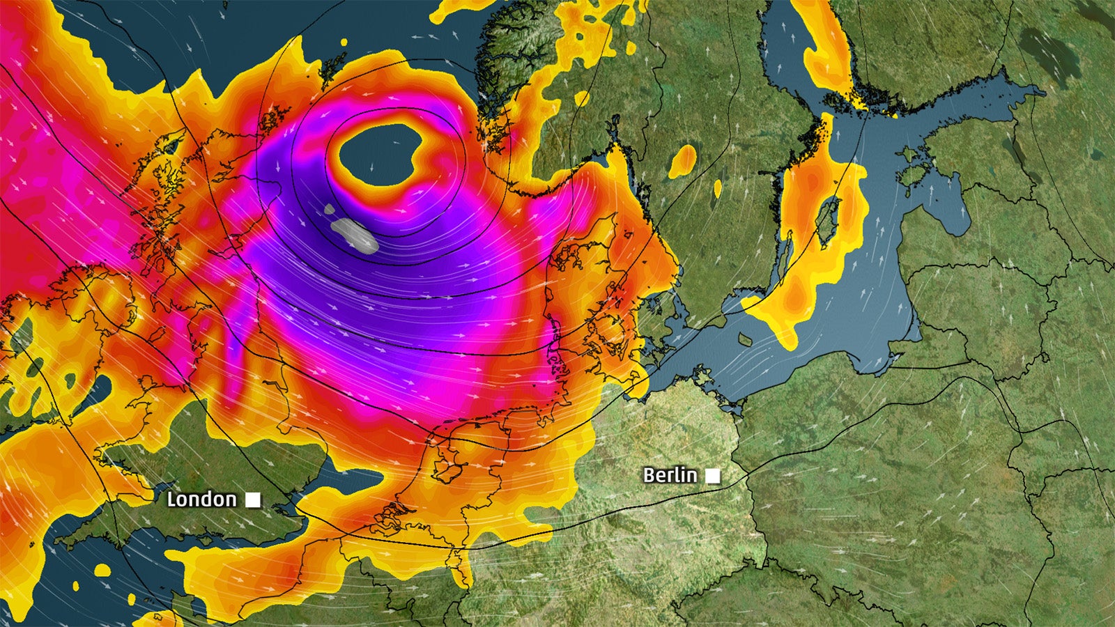 Wetterkarte zeigt Sturm &uuml;ber der Nordsee