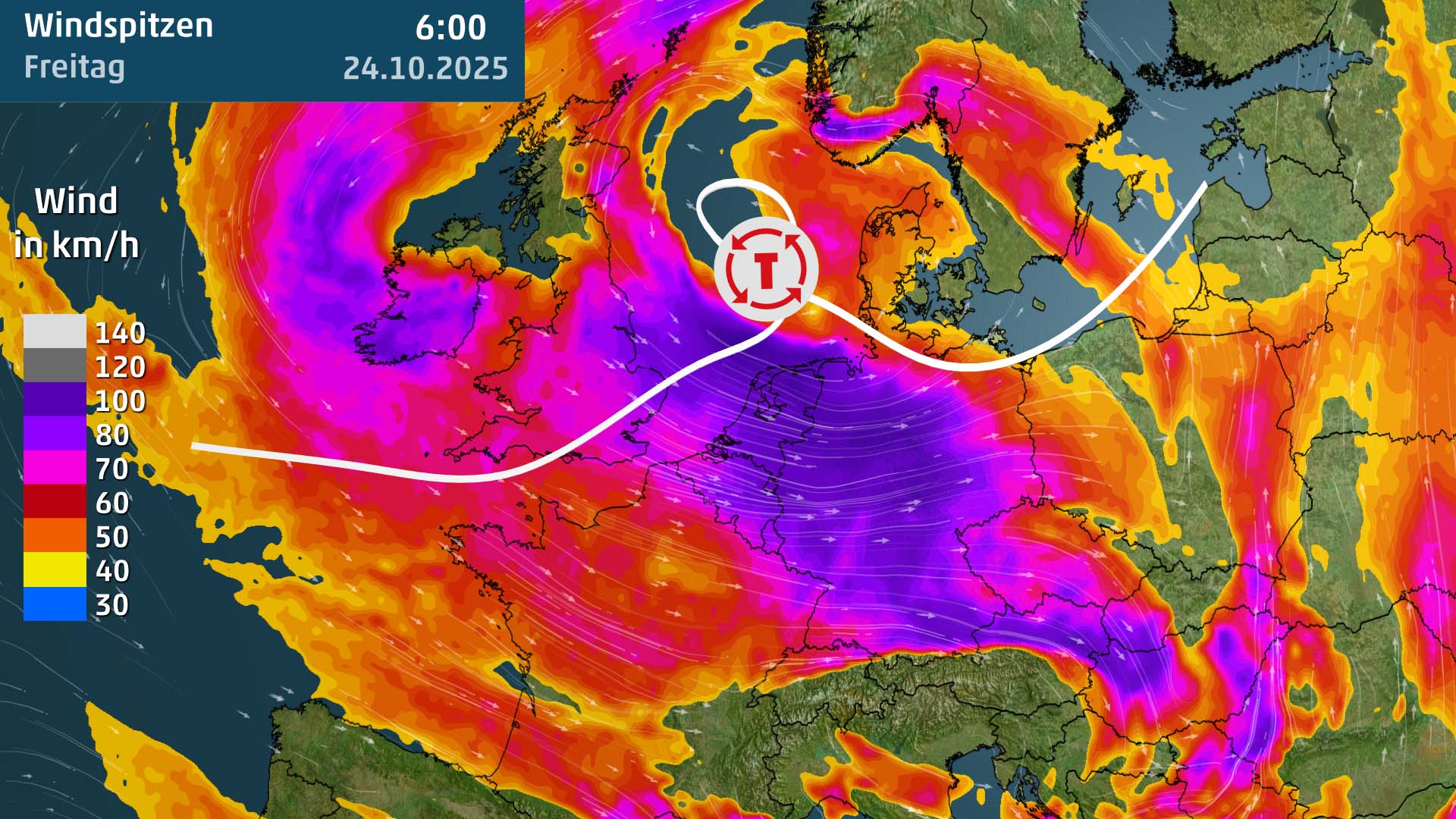 Diese Zugbahn schl&auml;gt Sturm Joshua jetzt ein und zieht so auch nach Deutschland.