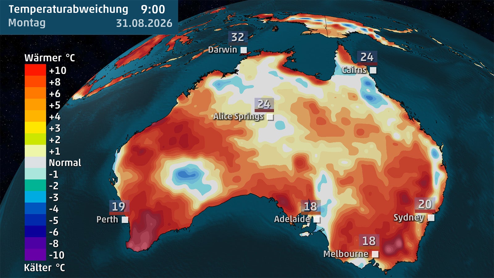 Infografik mit Temperaturabweichungen in Australien, farbige Fl&auml;chen und Zahlen markieren w&auml;rmere und k&auml;ltere Regionen sowie St&auml;dte mit Temperaturwerten.