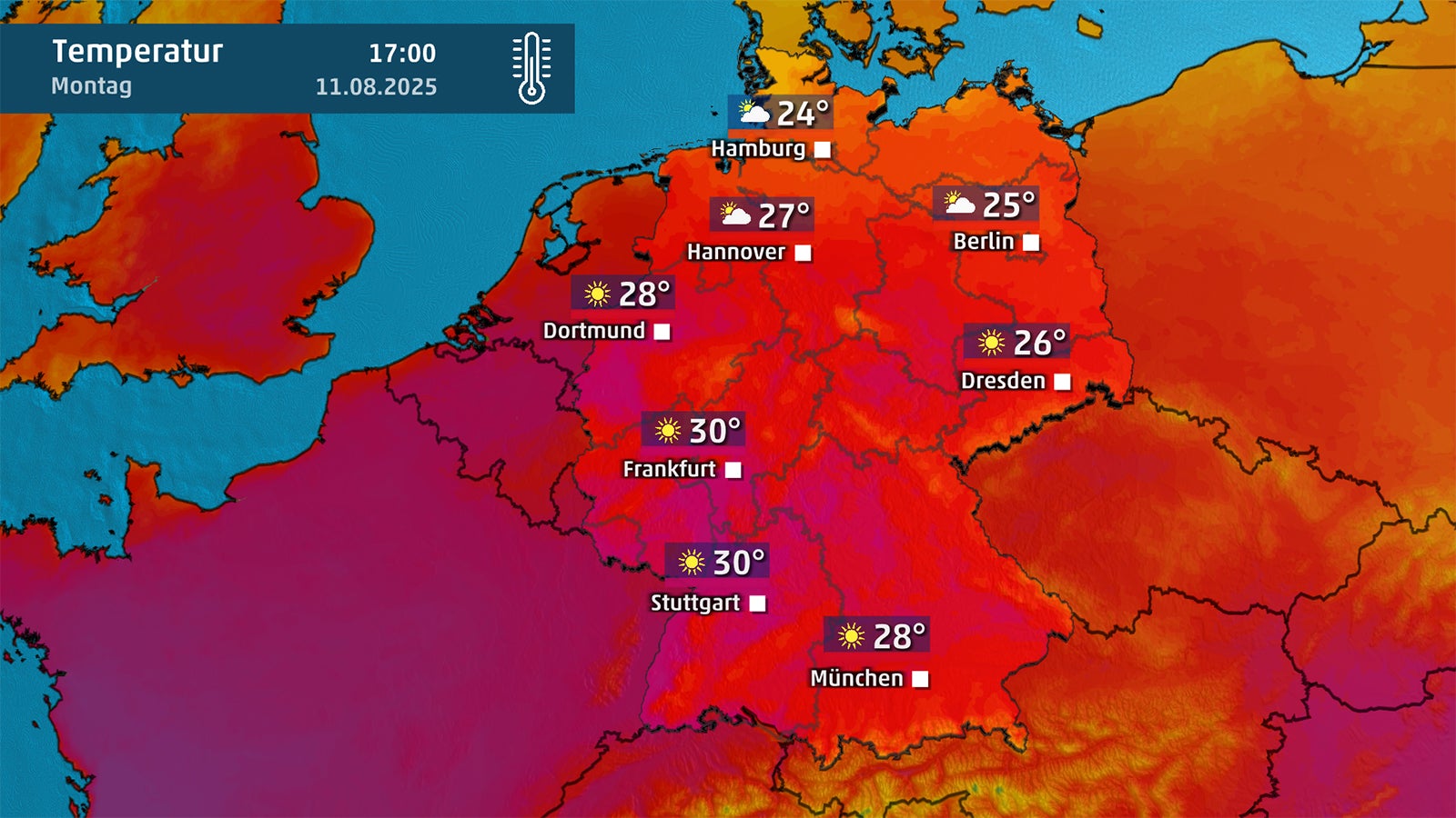 Wetterkarte zeigt Temperaturen in Deutschland am Montag.