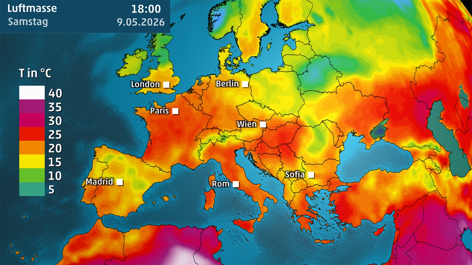 Wetterkarte mit Temperaturverlauf &uuml;ber Europa, farbige Fl&auml;chen und St&auml;dtenamen, Legende links