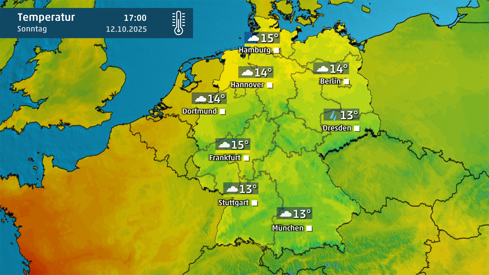 Karte zeigt Temperaturne in Deutschland am Sonntag