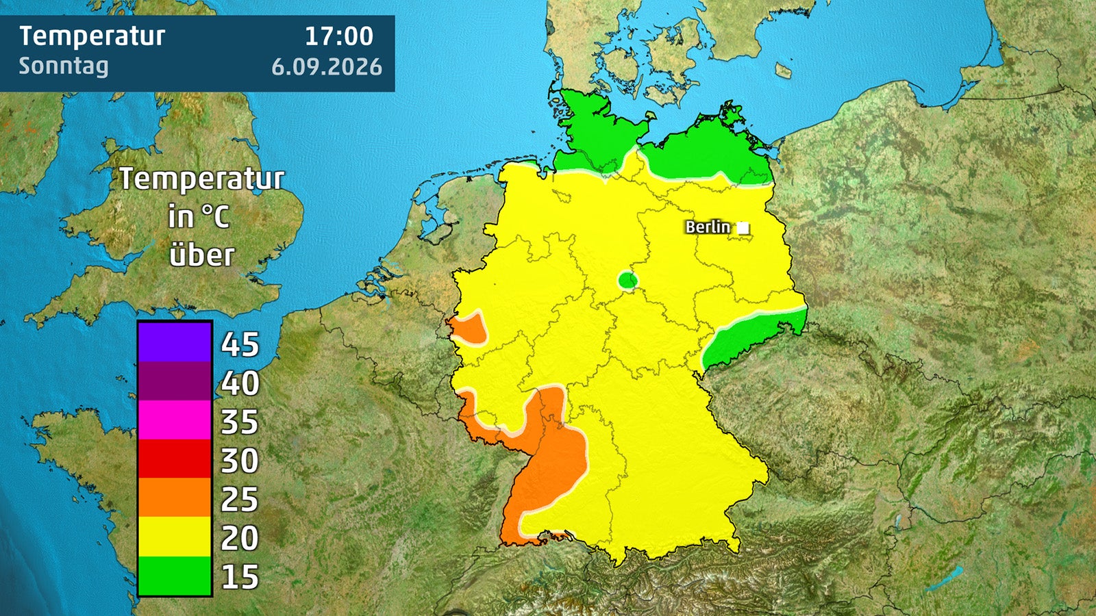 Wetterkarte von Deutschland mit farbigen Fl&auml;chen zur Temperaturanzeige und hervorgehobener Stadt Berlin.