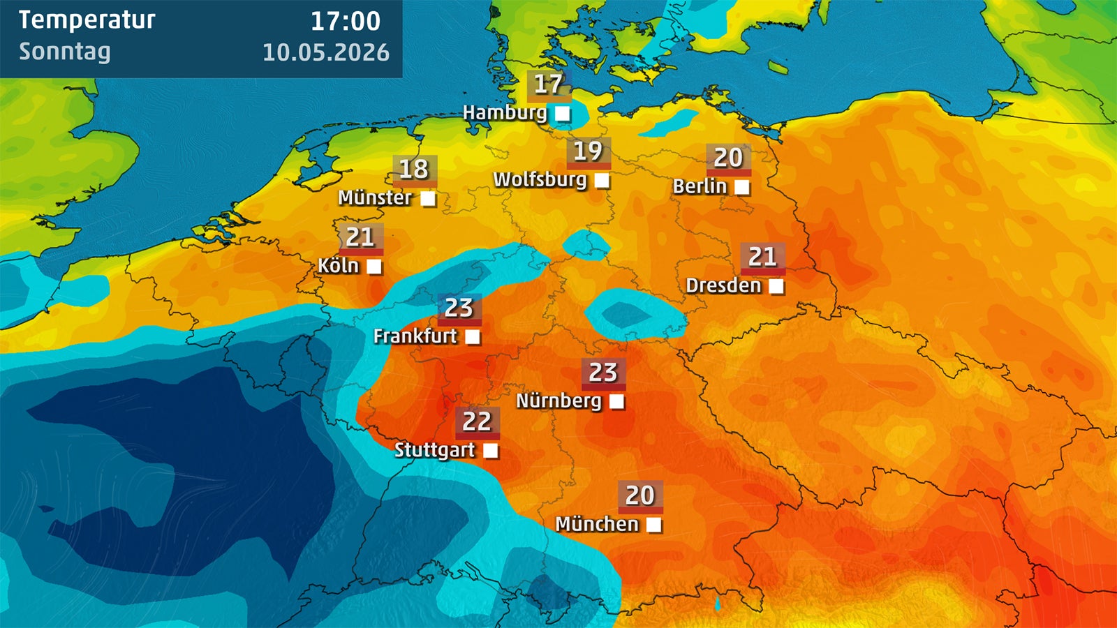 Wetterkarte mit Temperaturwerten f&uuml;r mehrere deutsche St&auml;dte und farbiger Fl&auml;chenvisualisierung der Temperaturverteilung