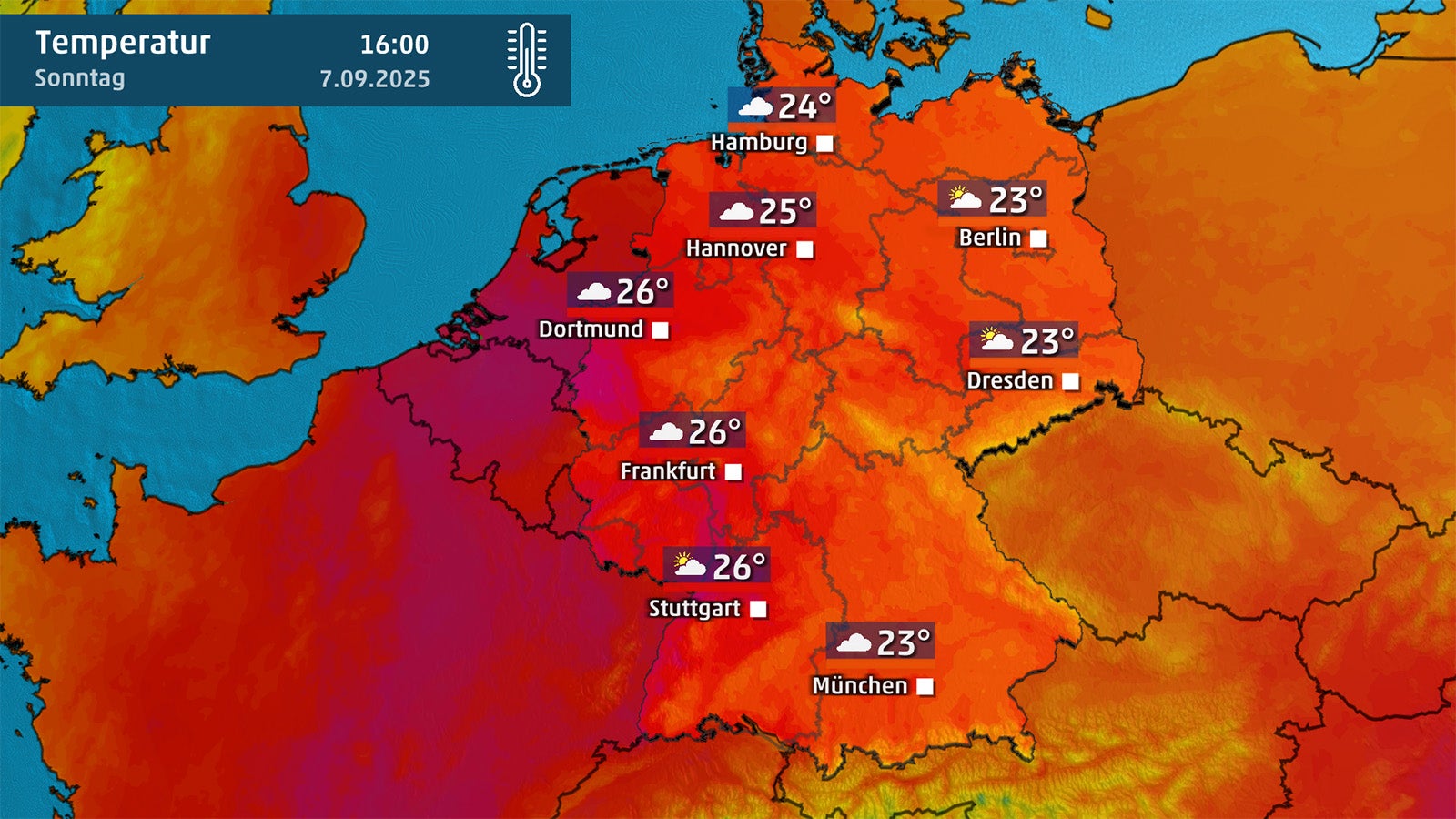 Temperaturkarte von Deutschland zeigt H&ouml;chstwerte am Sonntag