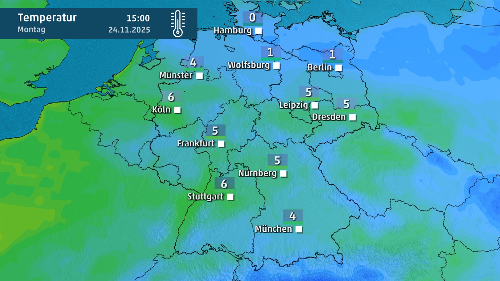 Wetterkarte zeigt Temperaturen am Montag