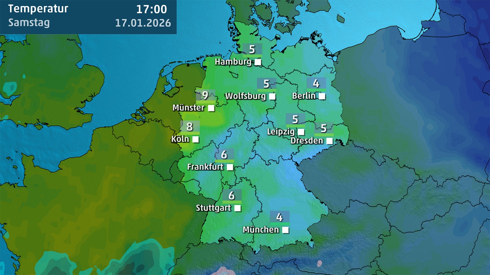 Temperaturkarte von Deutschland. 