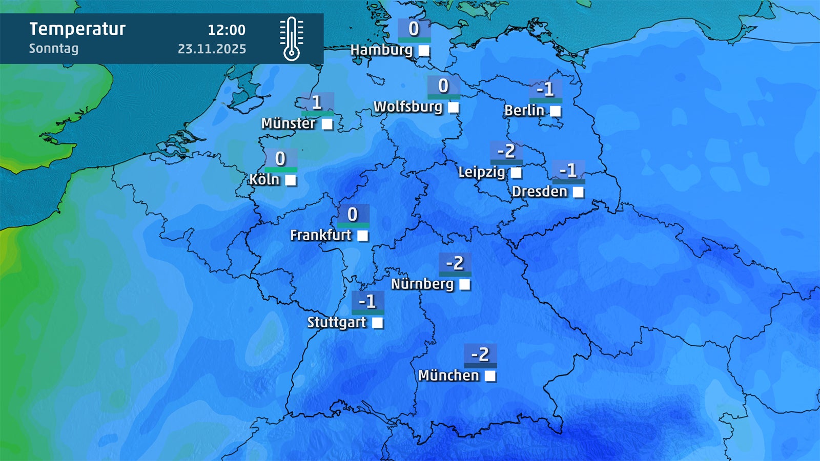 Wetterkarte zeigt Temperaturen am Sonntag