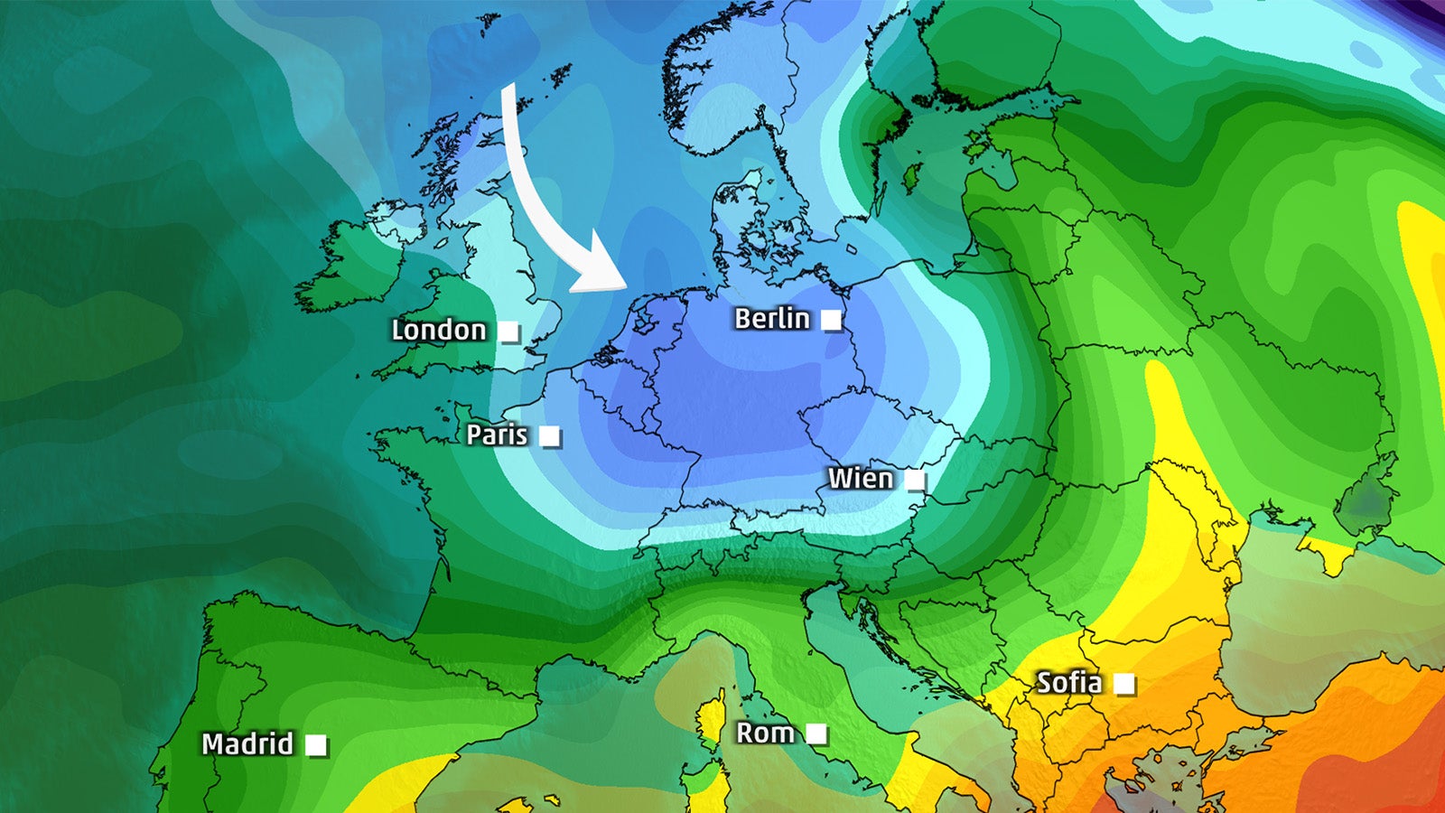 Europakarte mit farbigen Temperaturzonen und einem wei&szlig;en Pfeil &uuml;ber Mitteleuropa