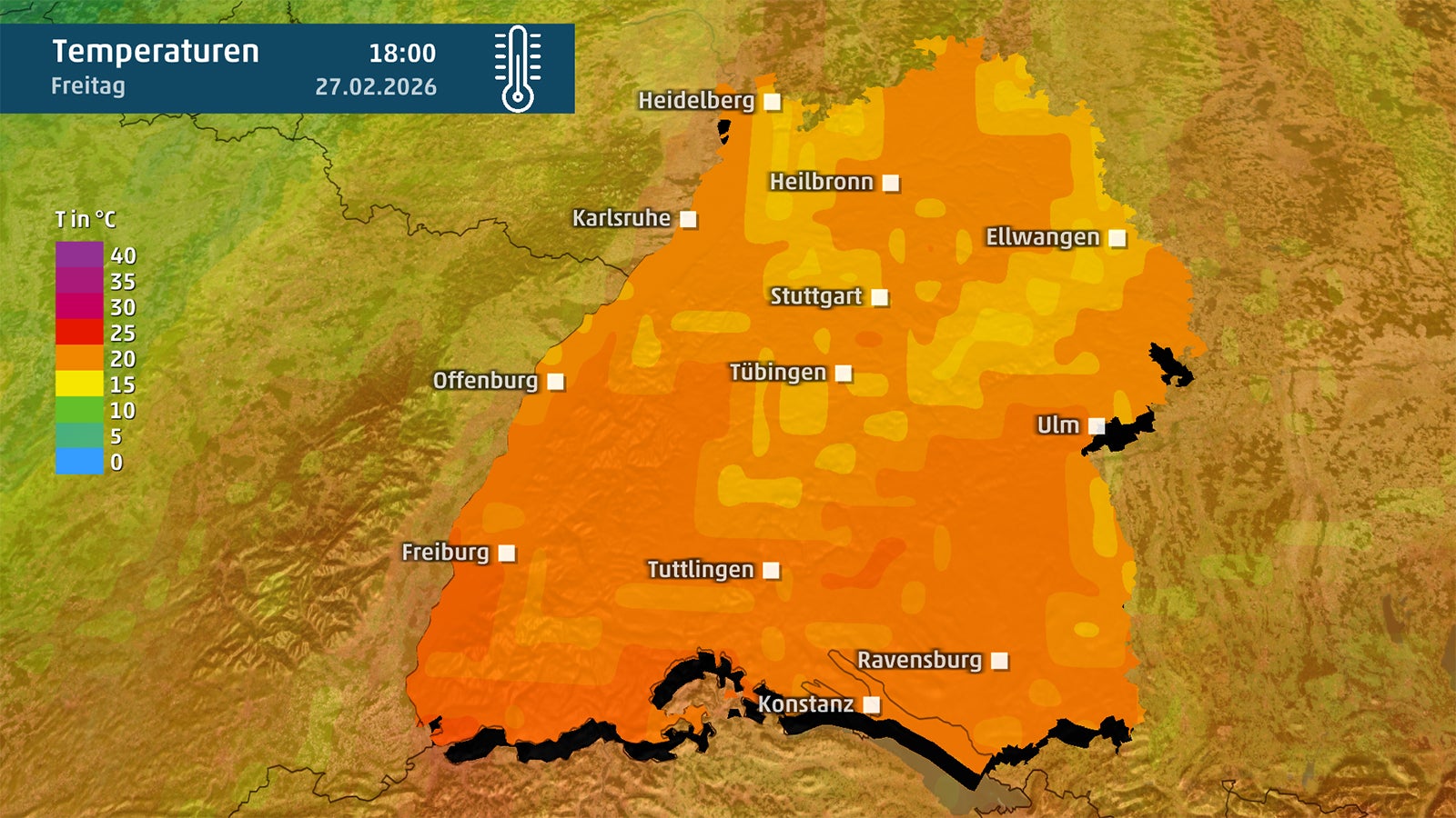 Grafik zeigt Temperaturkarte von Baden-W&uuml;rttemberg f&uuml;r Freitag. Eine Legende zeigt, welche Farbe f&uuml;r welche Temperatur steht. 