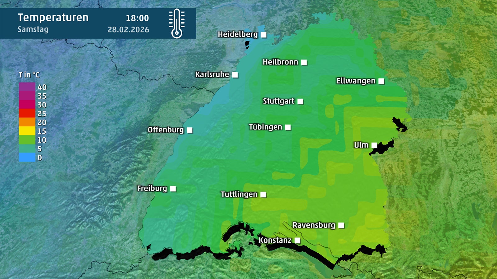 Grafik zeigt Temperaturkarte von Baden-W&uuml;rttemberg f&uuml;r Samstag. Eine Legende zeigt, welche Farbe f&uuml;r welche Temperatur steht. 