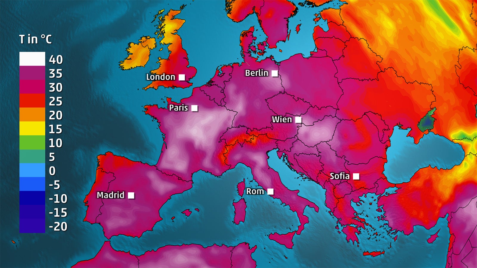 Europakarte mit farbiger Temperaturverteilung und St&auml;dtenamen wie 'London', 'Paris', 'Berlin', 'Wien', 'Rom', 'Madrid' und 'Sofia'