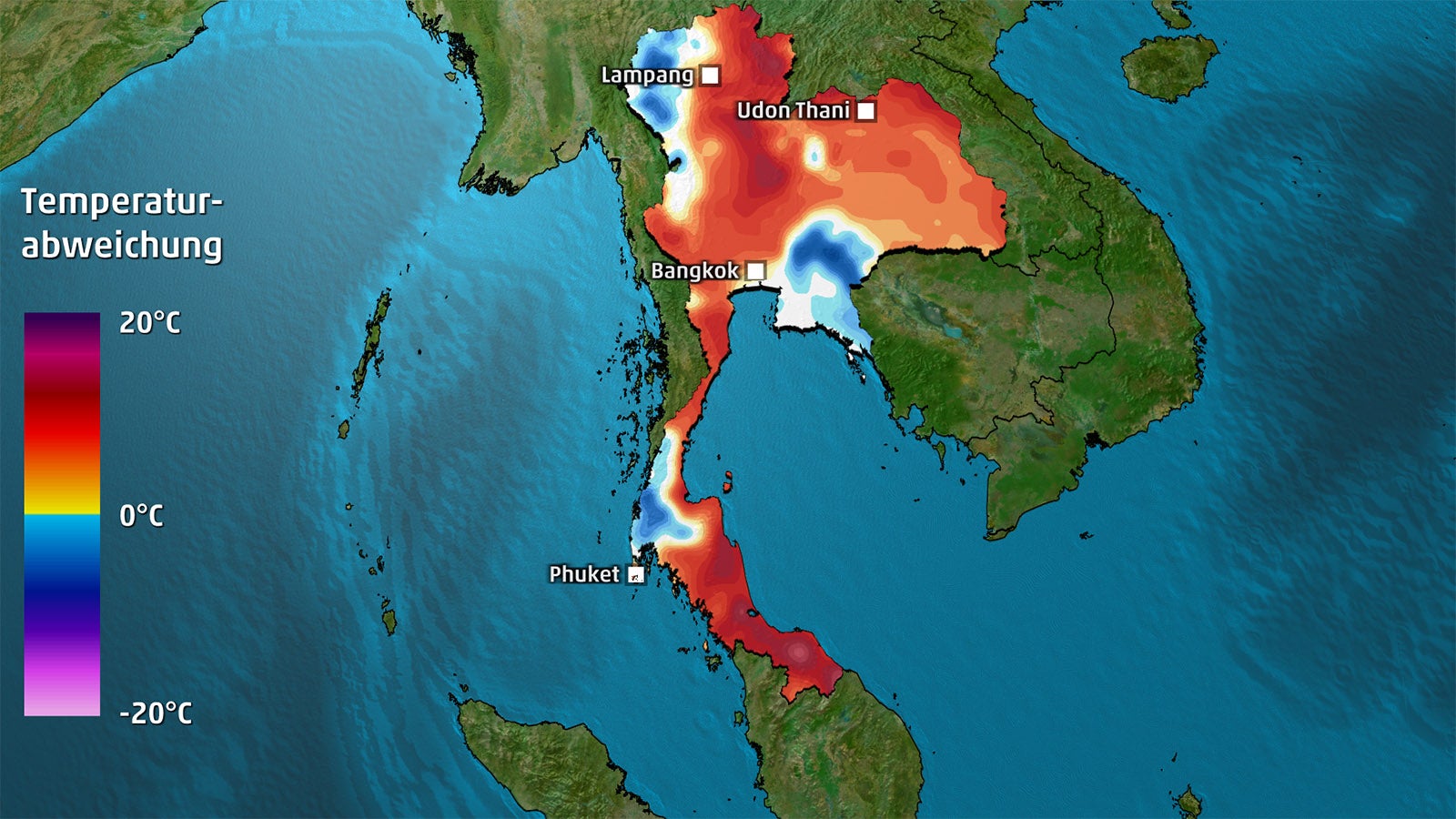 Thematische Landkarte von Thailand mit farbiger Fl&auml;chenvisualisierung der Temperaturabweichung und St&auml;dtenamen.