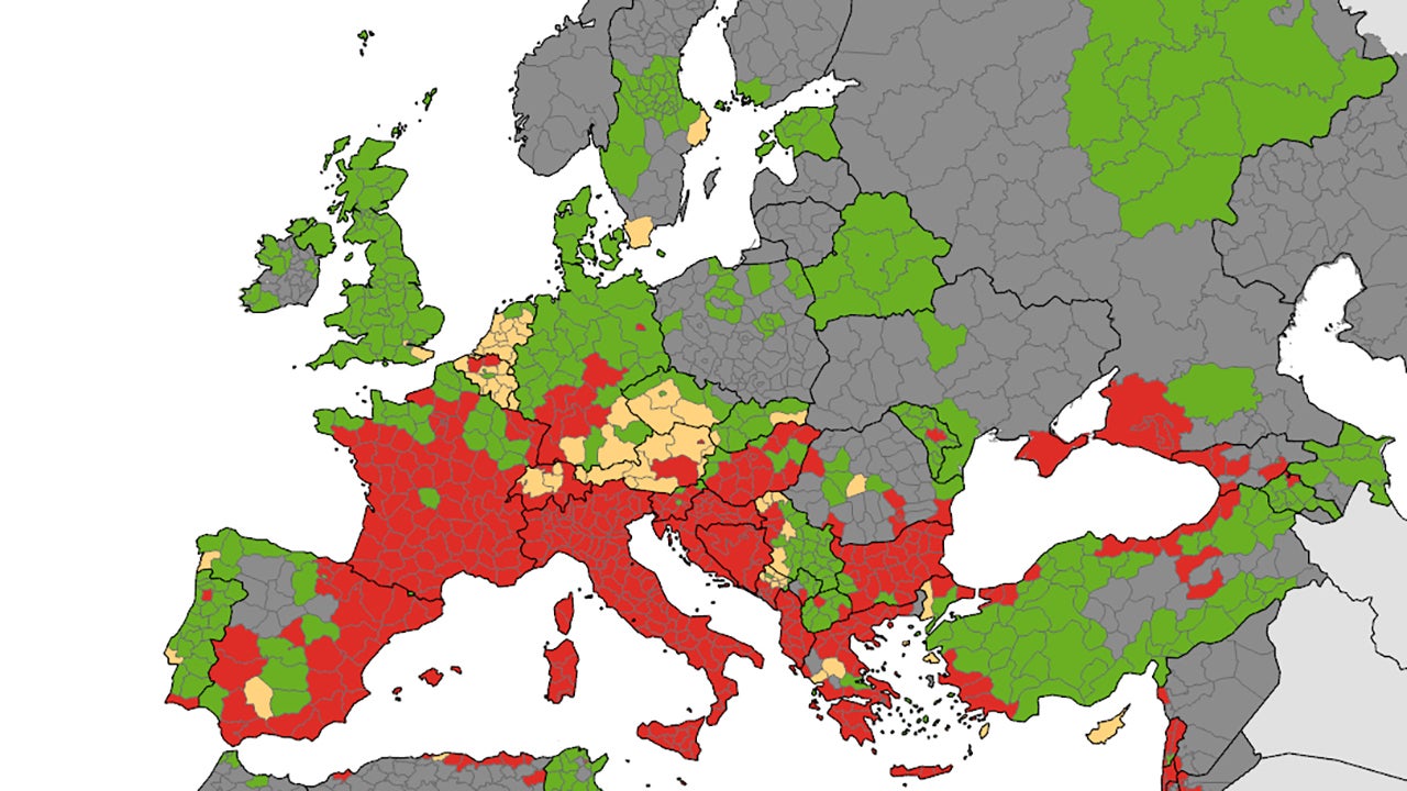 Verbreitung der Tigerm&uuml;cke in Europa, Stand: 23.08.2024