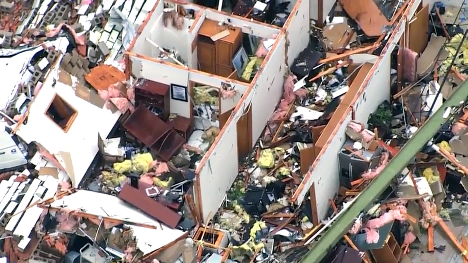 This image taken from video provided by KOCO shows damage caused by a tornado in Sulphur, Okla., Sunday, April 28, 2024. (KOCO via AP)
