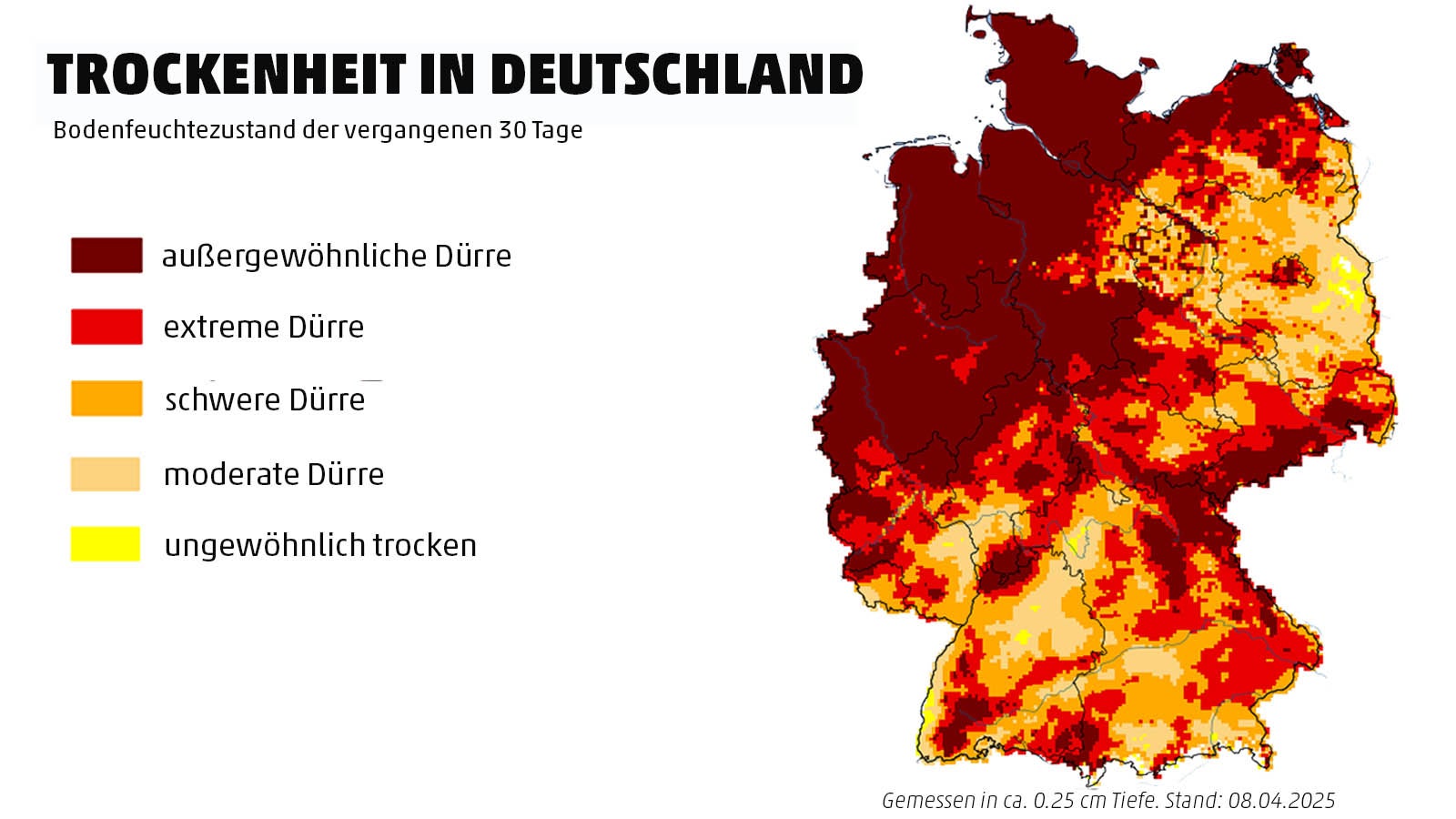 Bodenfeuchte der vergangenen 30 Tage. Quelle: Helmholtz-Zentrum f&uuml;r Umweltforschung