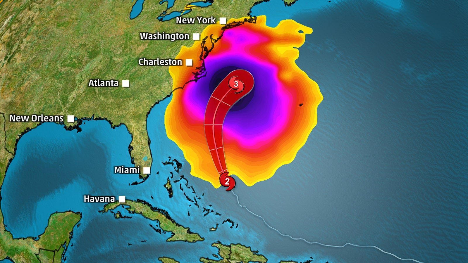 Zugbahn von Hurrikan Erin entlang der Ostk&uuml;ste der USA