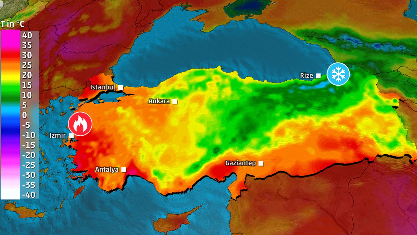 Extremer geht es kaum: Am Freitag erlebte die T&uuml;rkei ein Temperaturgef&auml;lle von 30 Grad. W&auml;hrend Landesteile im &auml;u&szlig;ersten Osten einen K&auml;lteeinbruch mit Schnee erlebten, werden Teile von der Westk&uuml;ste von Hitze und Waldbr&auml;nden geplagt. 