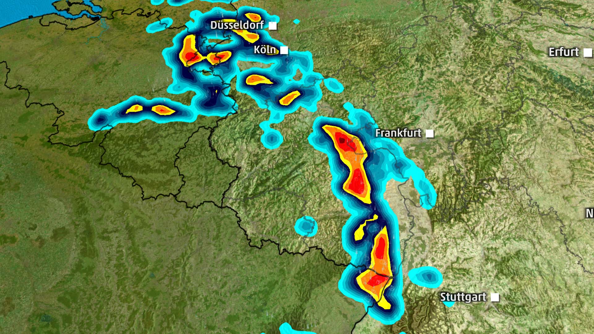 Eine Gewitterlinie zieht in der Nacht zum Donnerstag von Westen nach Deutschland herein. Die Gewitter bewegen sich K&ouml;ln, D&uuml;sseldorf, Frankfurt und Karlsruhe zu.