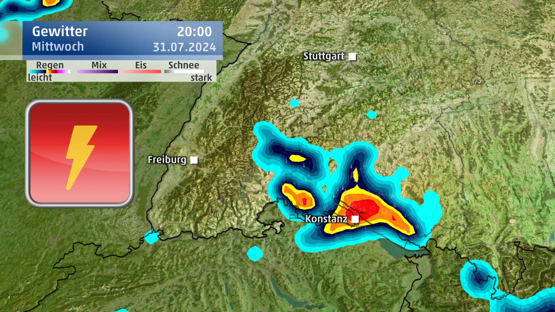 Am Mittwochabend kommt es besonders im S&uuml;dwesten zu schweren Gewittern. &Uuml;ber dem Bodensee, rund um Konstanz, fallen die Gewitter dann besonders kr&auml;ftig aus.