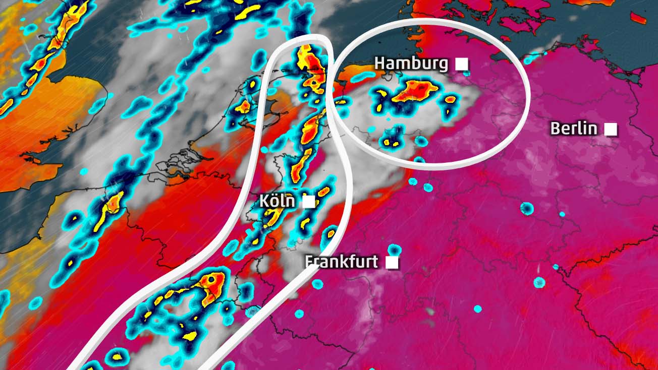 Schon am Mittwochabend stellt sich das Wetter um. Kr&auml;ftige Unwetter ziehen auf, die sich in die Hitze hineinfressen.