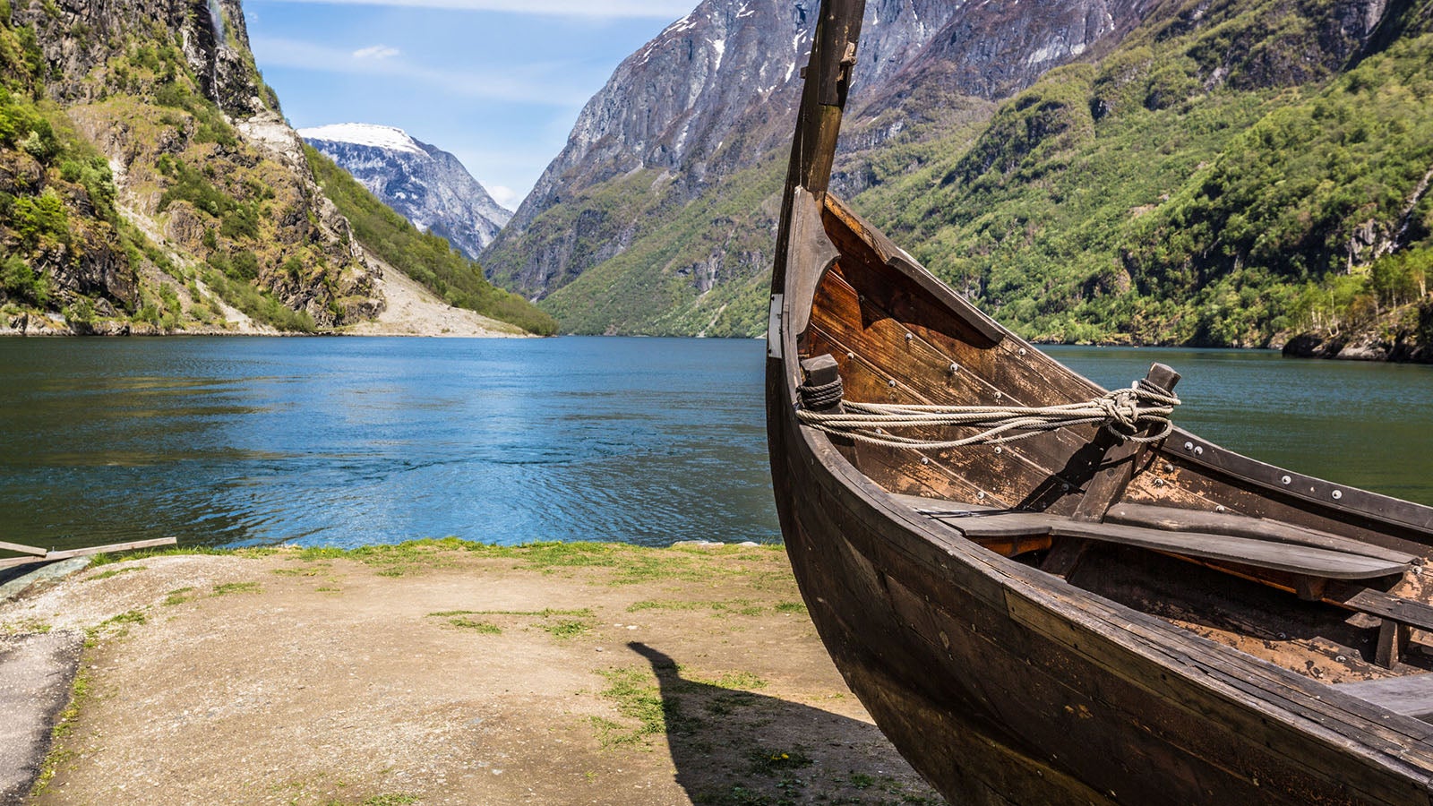 Viking drakkar at the end of the Sognefjord between Flam and Gudvangen in Norway.