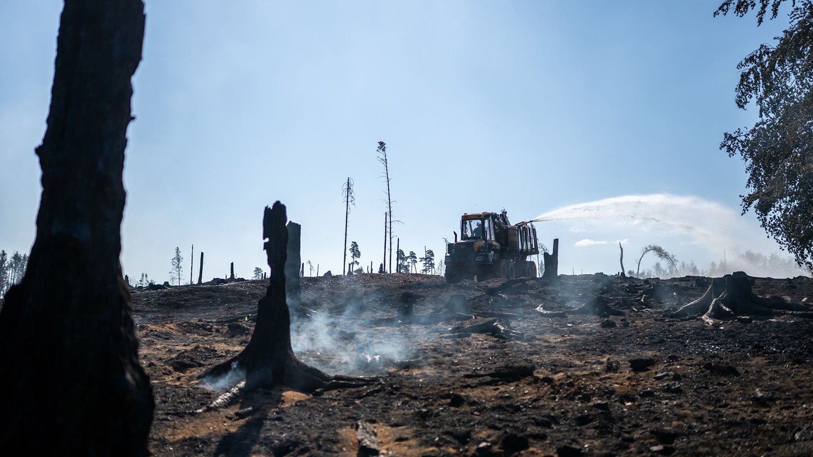 Der Firefighter des Th&uuml;ringenForst, ein Waldfahrzeug mit aufgesetztem L&ouml;schtank, unterst&uuml;tzt die L&ouml;scharbeiten auf der Saalfelder H&ouml;he. Am 02.07.2025 war im Ortsteil G&ouml;sselsdorf aus bislang unbekannter Ursache ein Feuer ausgebrochen und hatte sich schlie&szlig;lich auf eine Fl&auml;che von mindestens 250 Hektar ausgebreitet. Das Feuer gilt als der gr&ouml;&szlig;te bekannte Waldbrand in Th&uuml;ringen seit mehr als 30 Jahren. (zu dpa: &laquo;Waldbr&auml;nde in Sachsen und Th&uuml;ringen - Gro&szlig;eins&auml;tze dauern an&raquo;). Foto: Jacob Schr&ouml;ter/dpa