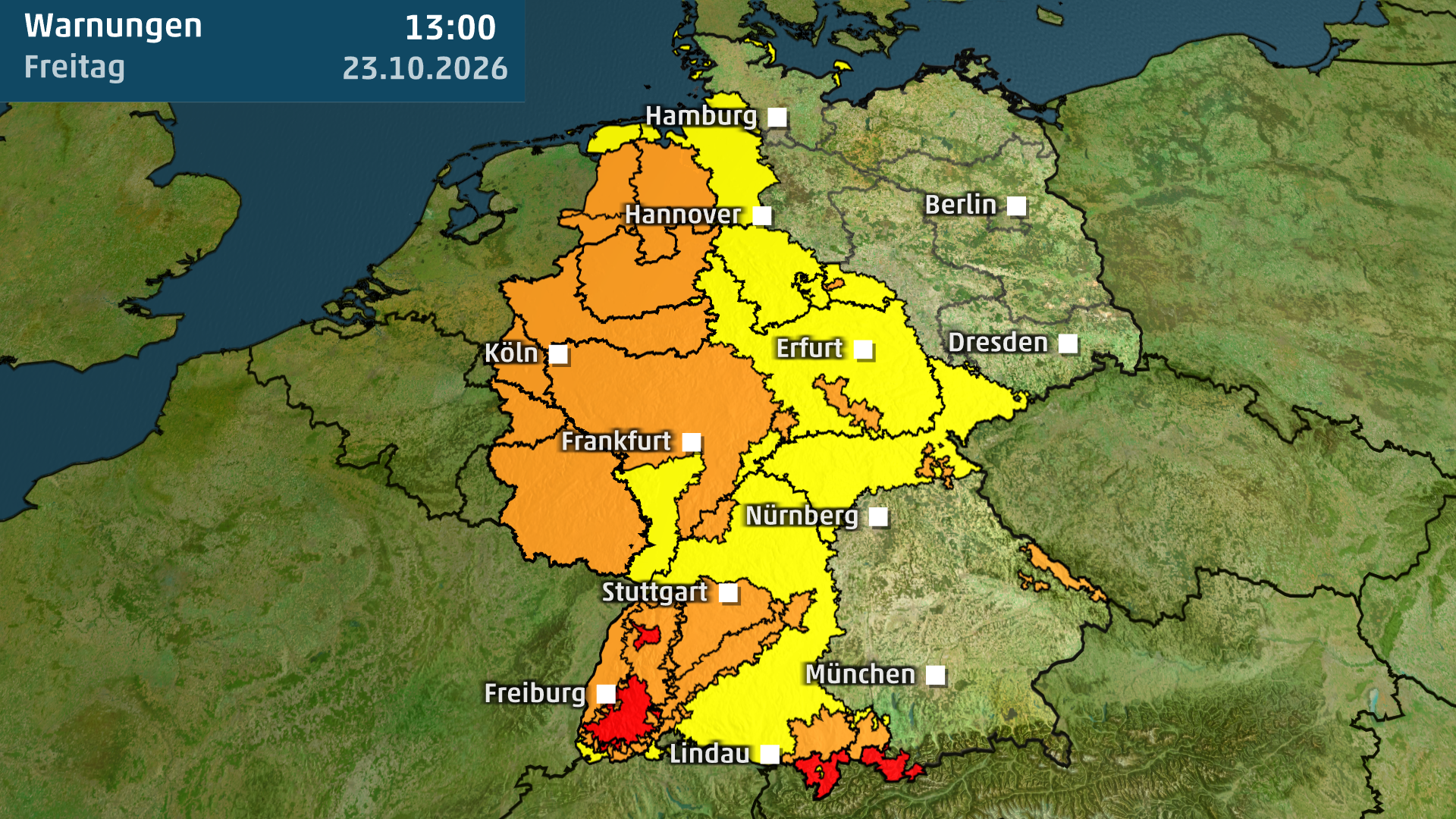Sturmwarnungen des DWD: Im Westen und S&uuml;dwesten gelten Unwetterwarnungen.