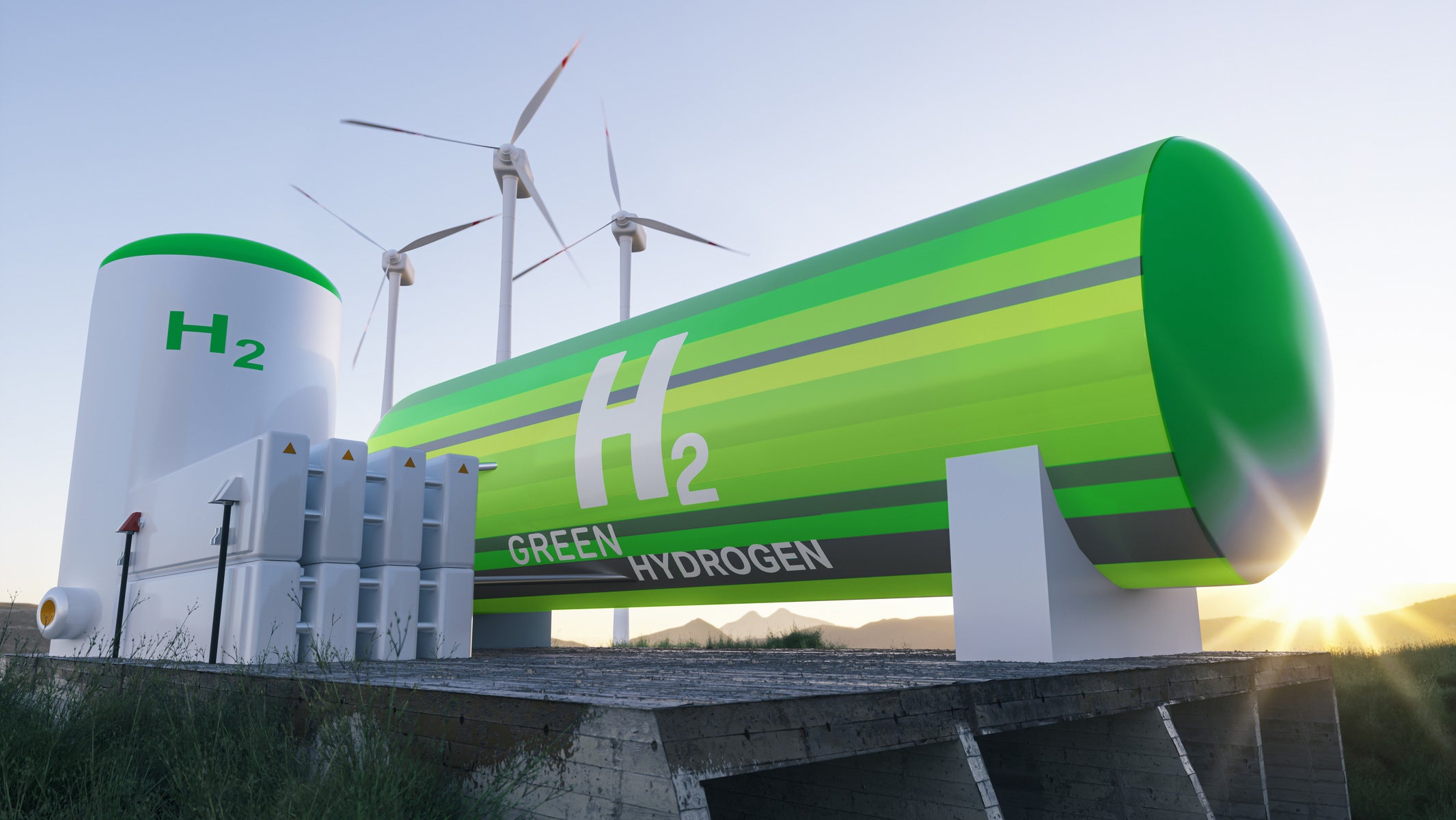 Green Hydrogen renewable energy production facility - green hydrogen gas for clean electricity solar and windturbine facility- virtual 3d rendering