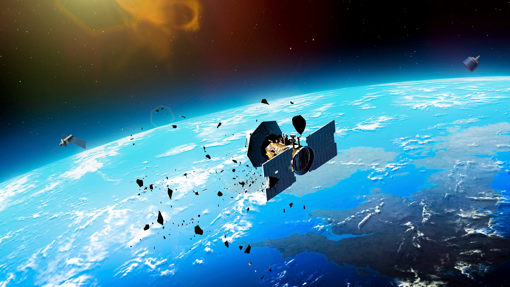 Artwork showing two of the potential dangers of low-Earth orbit. Since the late 1950s, the amount of junk in orbit around the Earth has escalated dramatically. The debris includes pieces of old spacecraft and objects accidentally dropped by astronauts during 'space walks'. Another source of potential danger are flares and coronal mass ejections (CMEs) from the Sun. The artwork shows a satellite damaged by an impact with debris, with a flare encroaching from top left.