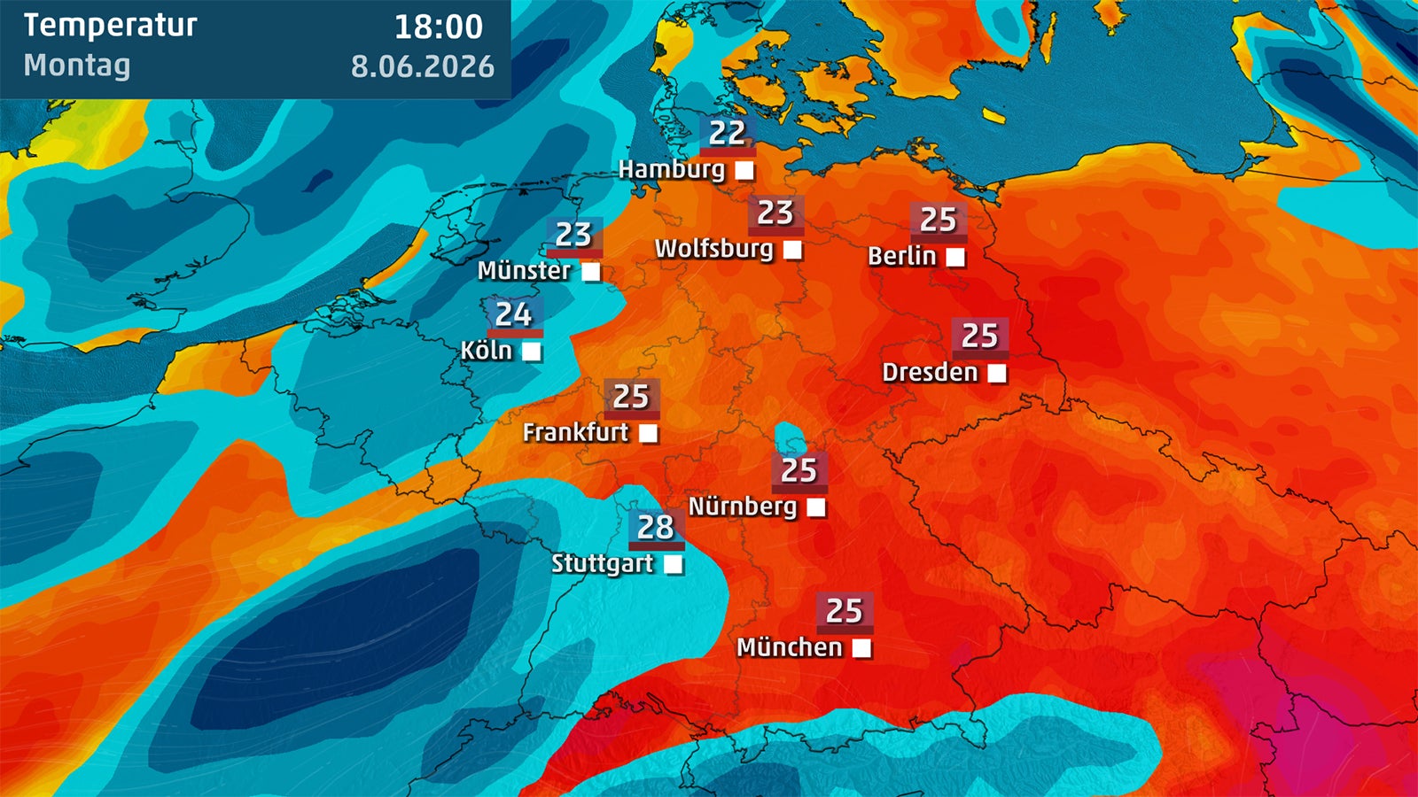 Infografik mit Temperaturwerten f&uuml;r mehrere deutsche St&auml;dte und farbigen Temperaturzonen