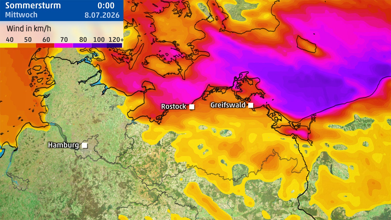 Wetterkarte mit farbigen Fl&auml;chen f&uuml;r Windgeschwindigkeiten &uuml;ber Norddeutschland und St&auml;dtenamen 'Hamburg', 'Rostock' und 'Greifswald'.