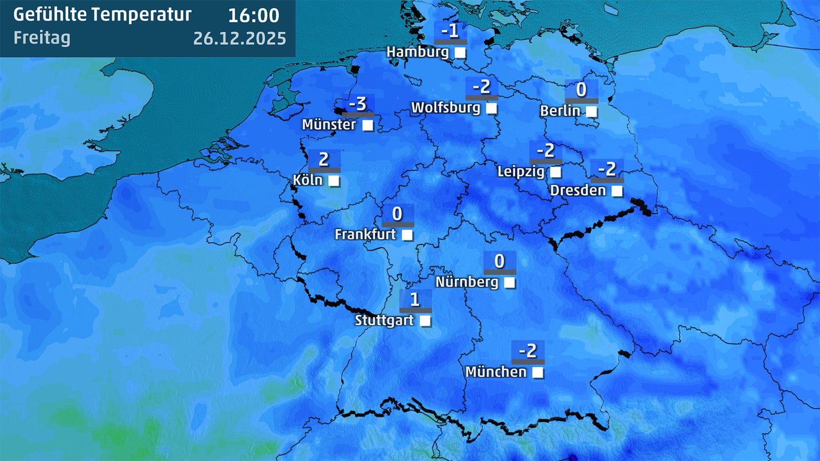 Windchill: Wetterkarte zeigt gef&uuml;hlte Temperaturen am Freitag an.