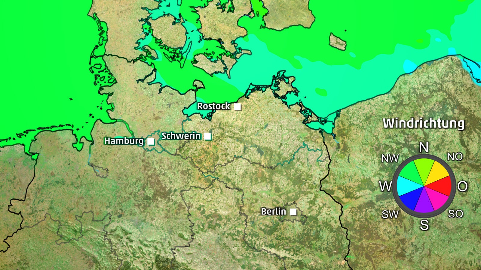 Karte von Norddeutschland mit St&auml;dtenamen und einer Windrichtungsgrafik mit Kompassrose und Farbbereichen