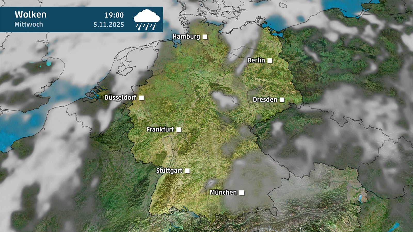 Wetterkarte zeigt Bew&ouml;lkung am Mittwochabend, 5. November 2025