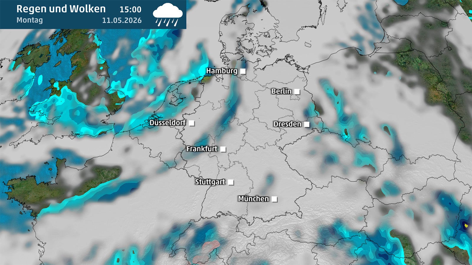 Wetterkarte mit Wolken- und Regengebieten &uuml;ber Deutschland, St&auml;dtenamen und Zeitangabe oben links