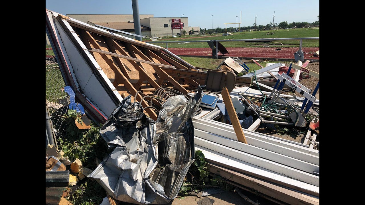 A tornado tore through Eureka, Kan. Tuesday evening,  June 26, 2018, causing severe damage to buildings on Eureka high school's campus. (Jacklyn Chappell/KAKE News)