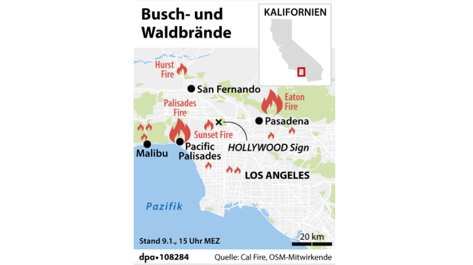 Grafik-Karte Nr. 108284, Hochformat 60 x 80 mm, "Lokalisierung der Waldbr&auml;nde bei Los Angeles (Aktualsierung)"; (Grafik: A. Br&uuml;hl/B. Bolte, Redaktion: J. John/A. Br&uuml;hl)