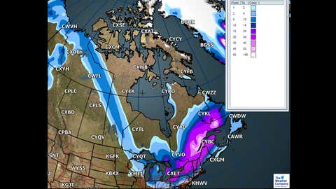 Canada National Forecast: Total snowfall through Thursday (Dec. 14) afternoon (cm)